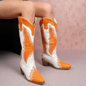 Women's Western Cowgirl Knee High Boots Embroidered Cowboy Boots-Orange